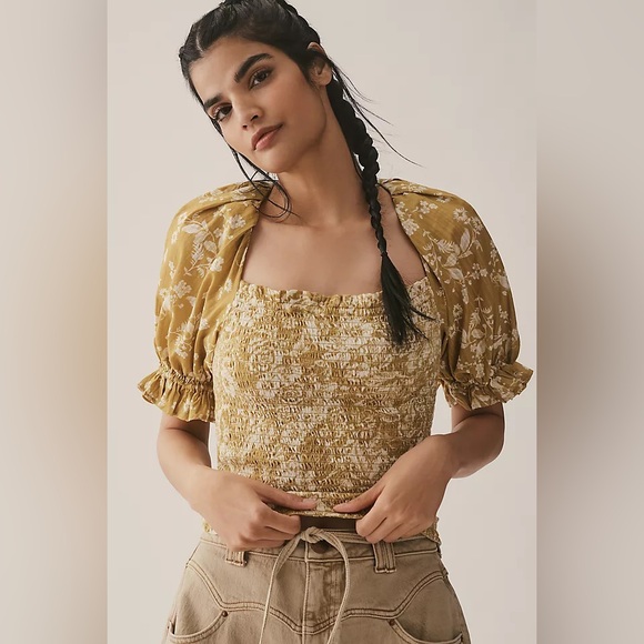 Anthropologie Tops - Anthropologie Seersucker Smocked Puff Sleeve Crop Top Floral Mustard Size L NWT